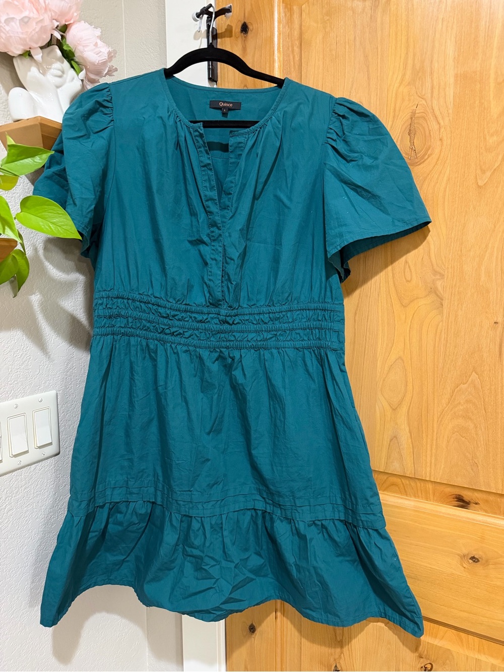 Quince Organic Cotton Poplin Tiered Mini Dress in Ocean Green